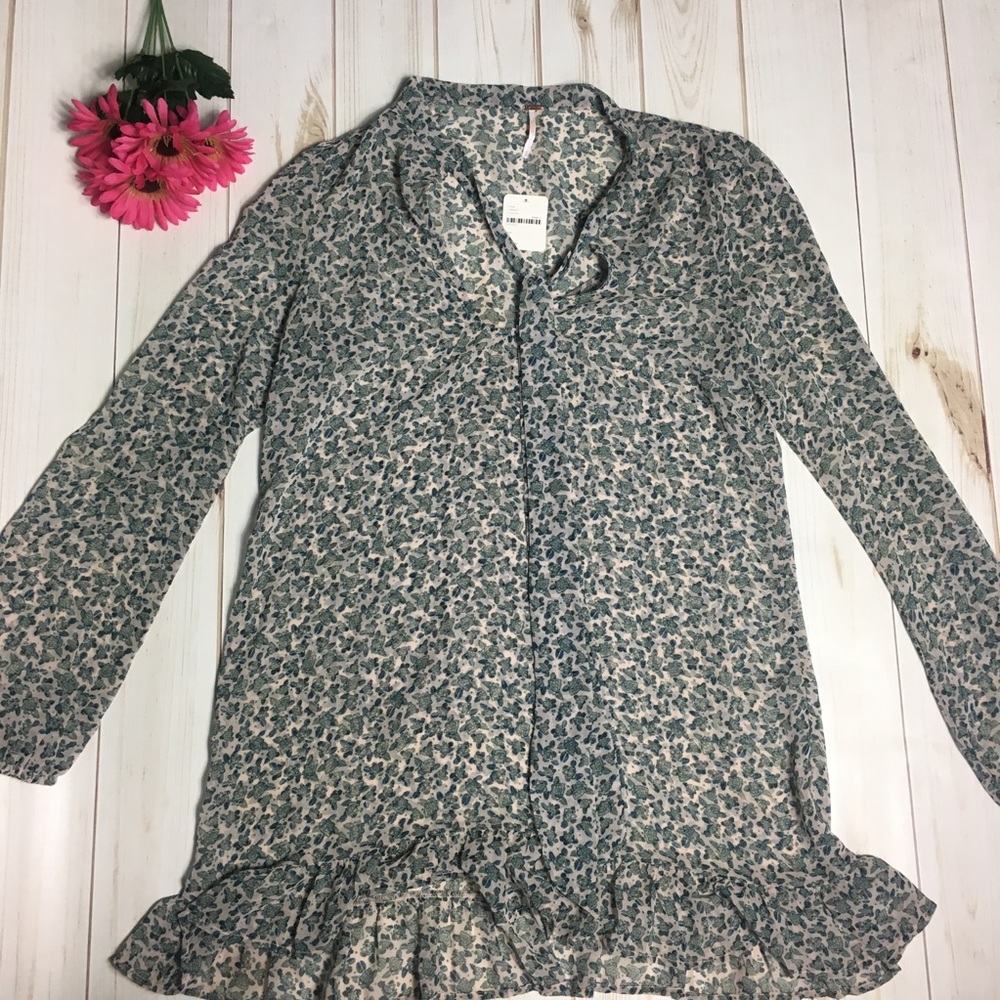 Free People Dress Blue, Green, & White w Ruffles